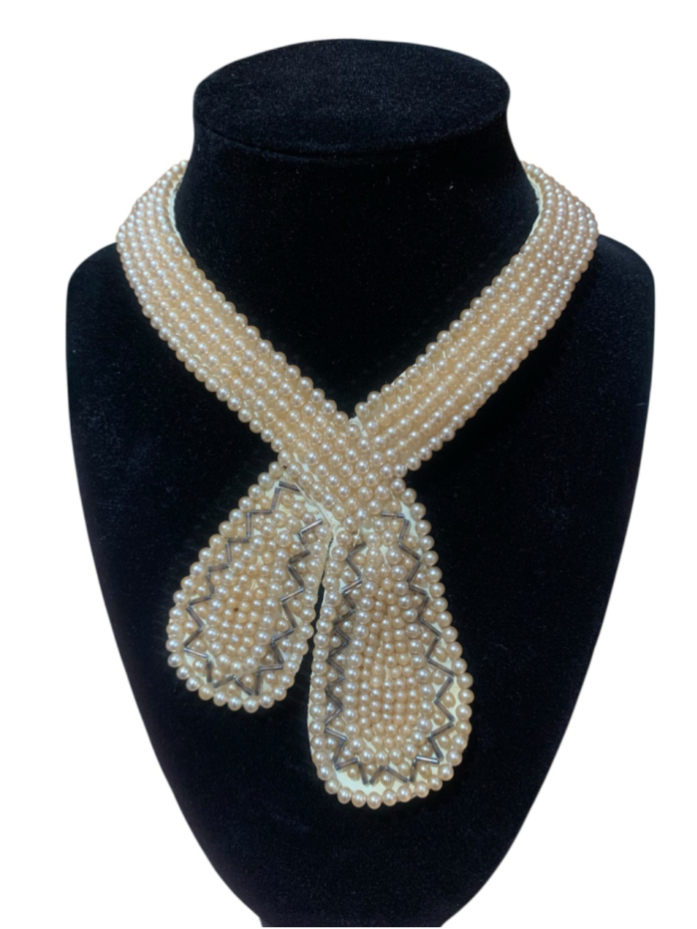 Vtg 50’s Faux Pearl Beaded Ribbon Necklace, One Size, White and Silver